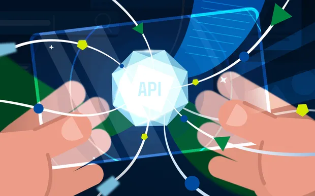 Illustration of hands holding a glowing API crystal sphere connected to a network of data nodes.