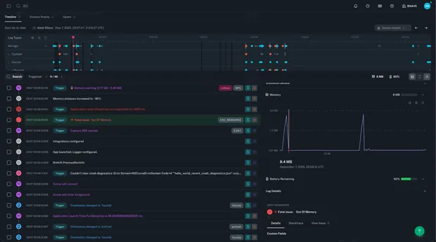 Session Timeline showing out-of-memory diagnostics in bitdrift for iOS.