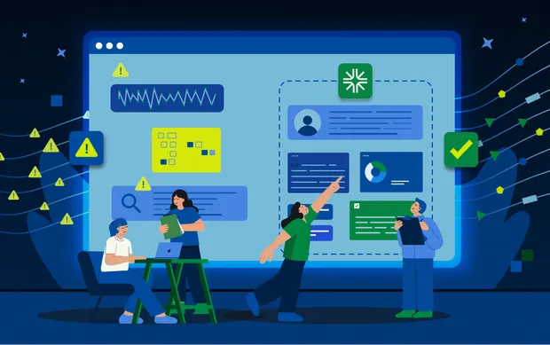 A team of sad looking developers in front of a large screen planning a migration.