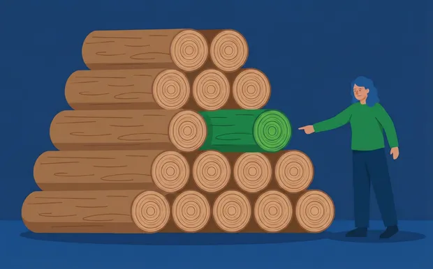 Lady with blue hair pointing to green log that is protruding from a large pile of brown logs.