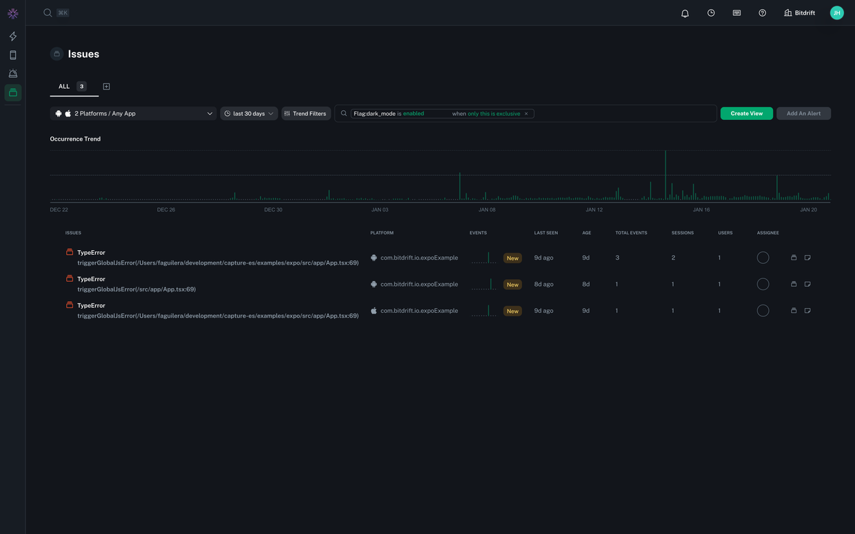 Issues page filtered by a specific feature flag variant
