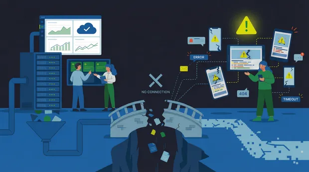 Two Sire Reliability Engineers standing next to a dashboard and a rack of servers that are connected to a pipeline with a broken connection to an upset mobile user.