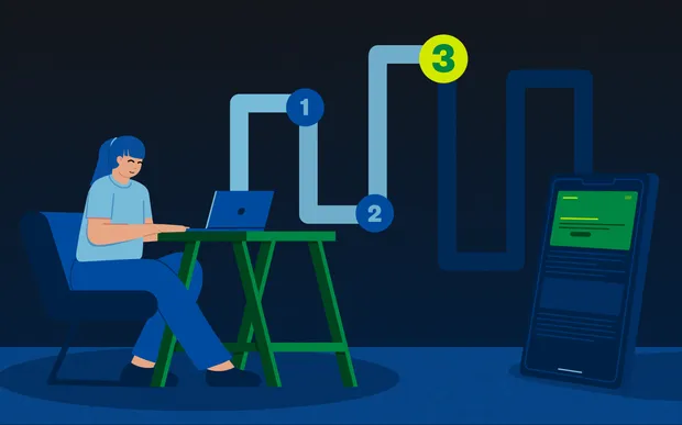 Illustration of a person working on a laptop at a desk, with a three-step progress path labeled 1, 2, and 3 leading to a smartphone displaying a green screen