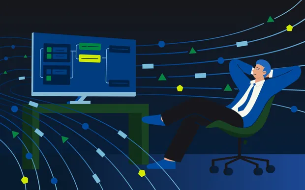 Illustration of a man with blue hair leaning back in his desk chair looking at a bitdrift workflow on their desktop computer.